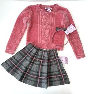 Tommy Bahama 3 Piece Little Girls Set (Chenille Sweater, Plaid Skirt & Headband)